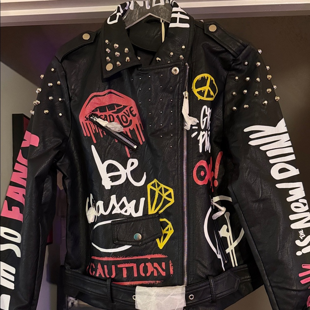 Studded Black Graphic Women's Faux Leather Jacket